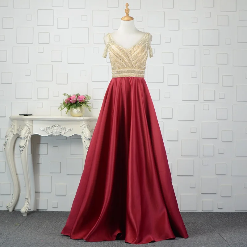 Gaun Malam Burgundy Manik-manik A-Line Gaun Prom Panjang Gaun Prom Vestido Longo 2018 Gaun Pesta Pengantin Tanpa Punggung 052