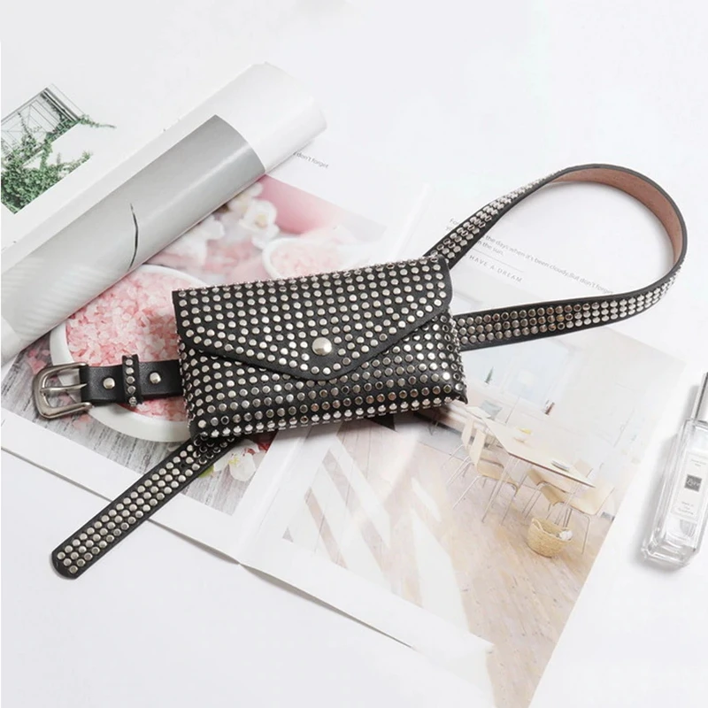 Fashion Rivets Waist Pack Luxury Designer Fanny Pack Small Women Waist Bag Phone Pouch Punk Belt Bag Purse(Black)