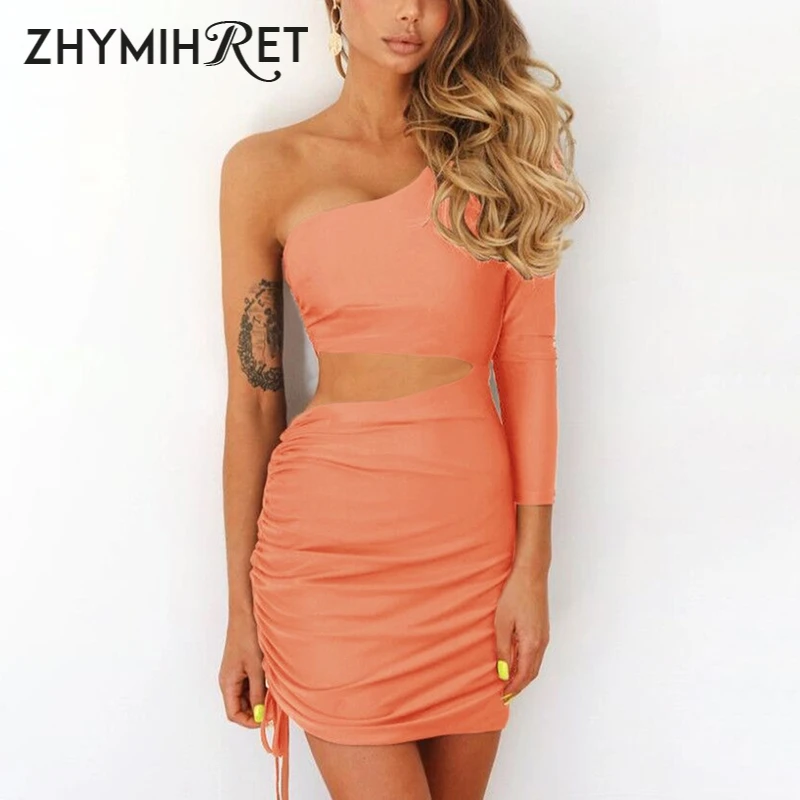 ZHYMIHRET  Fashion Fall One Shoulder Dress Women 2023 Sexy Ruched Waist Hollow Out Dresses Long Sleeve Vestido De Festa Longo