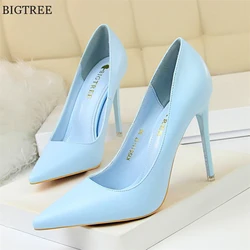 Zapatos de tacón alto conciso de cuero suave para mujer, zapatos de tacón alto de 7,5/10,5 cm, con punta estrecha, sin cordones, de colores caramelo, para oficina y boda