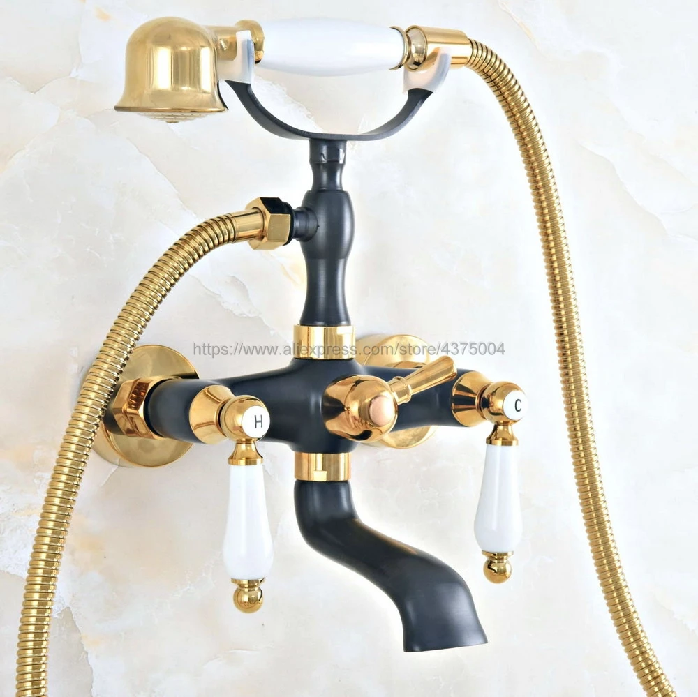 

Bathtub Faucets Black Gold Brass Bathroom Faucet Mixer Tap Wall Mounted Hand Held Shower Head Kit Shower Faucet Sets Ntf04