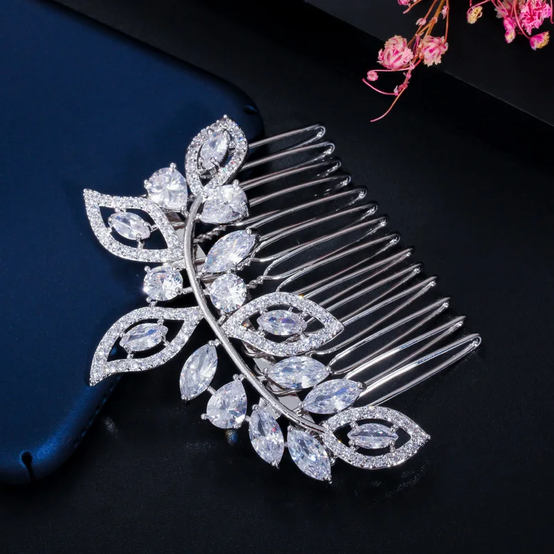 CWWZircons Eleganter Haarkamm mit Blatt- und Blumenmotiv, kubischer Zirkonia, Hochzeits-Haarkamm, Braut-Tiara für Frauen, trendiger Hochzeits- und Party-Schmuck, Geschenke FS0012