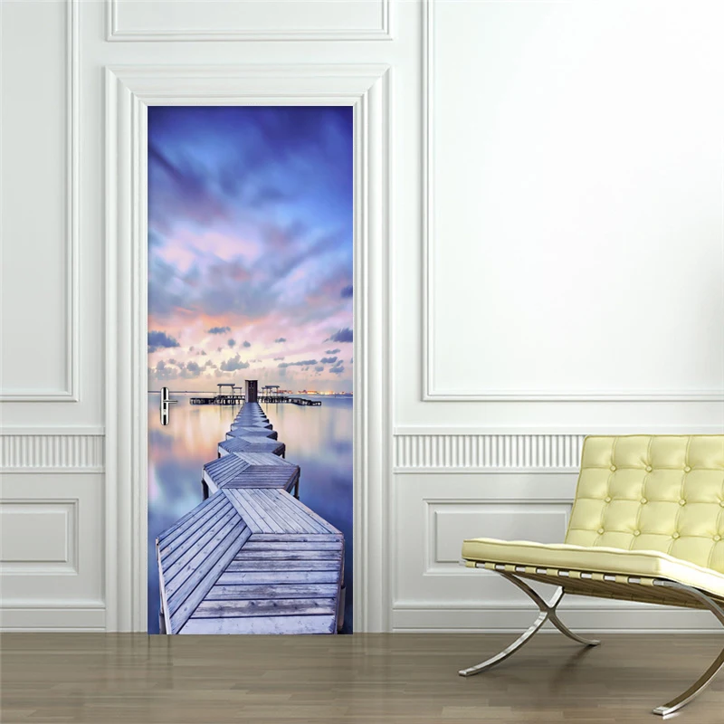 Modern 3D Blue Sky Sea View Wood Bridge Door Sticker Living Room Bedroom Creative Photo Wall Mural Waterproof Vinyl Wallpaper 3D