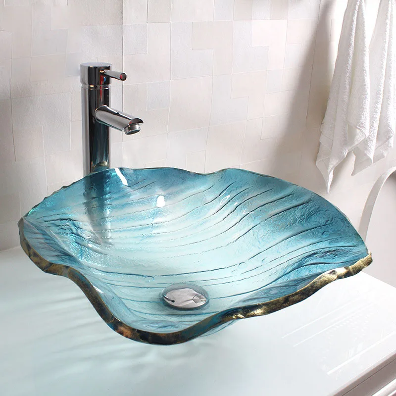 

Bathroom Toughened Glass Washbasin Blue Mediterranean Basin flower Shaped Art Washbasin Bathroom Tempered Glass Vessel Sink