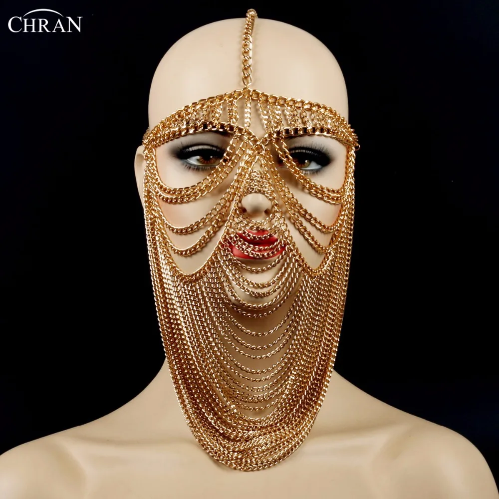 Chran New Sexy Luxury Women Punk Multi Layer Metal Head Chain Headdress Jewelry Forehead Headband Face Mask Body Jewelry CRBJ805