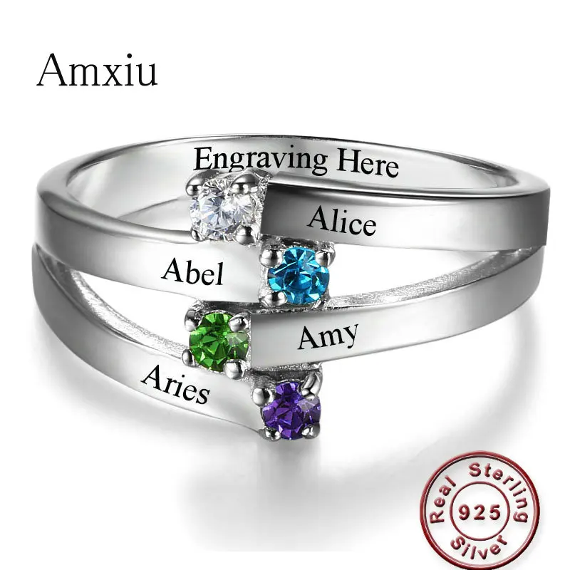 

Amxiu Custom Any Size Name Ring Personalized 925 Sterling Silver Ring Engrave Four Names with Birthstones Rings For Women Gift