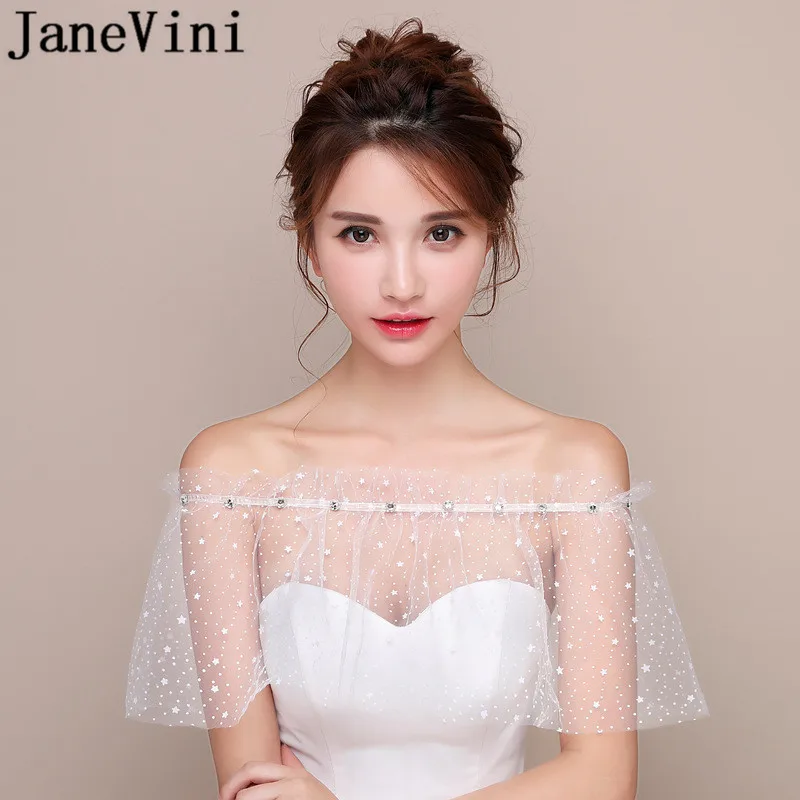 

JaneVini White Stars Summer Wedding Wrap Mariage Off Shoulder Beaded Girls Bolero Zwart Short Bridal Cape Lae-Up Women Jacket