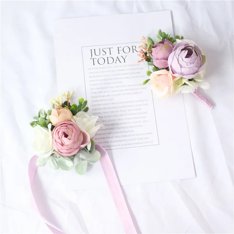 YO CHO Brautjungfer Decor Mini Rose Blumen Kopf Handgelenk Blumen und Boutonnieres Set Braut Dekorationen Hochzeit Bouquet Pfingstrose Brosche