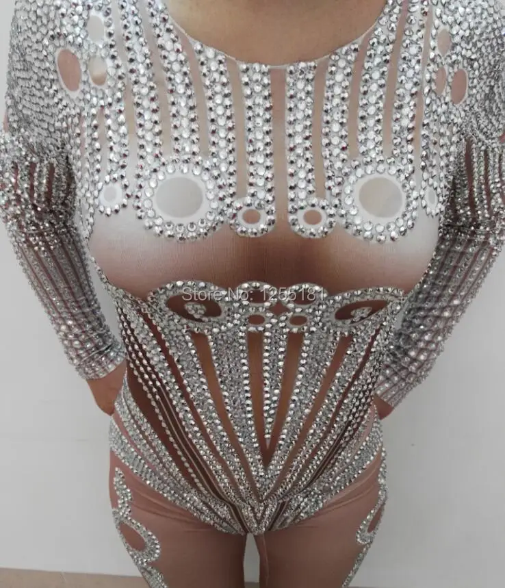 Fashion Sexy 2017 Crystals Jumpsuit Women's Rhinestone Rompers Outfit Dance Stage Show Nightclub Costume Singer Leotard Wear