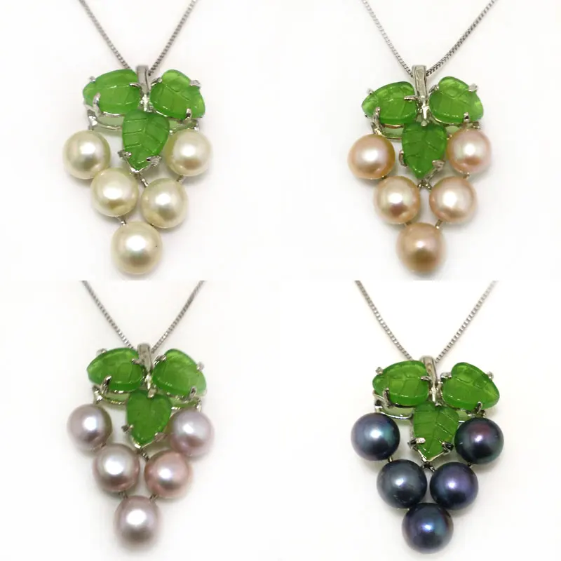 18 inches Grape Style 7-8mm Black Button Pearl Green Leaf 925 Silver Pendent Necklace