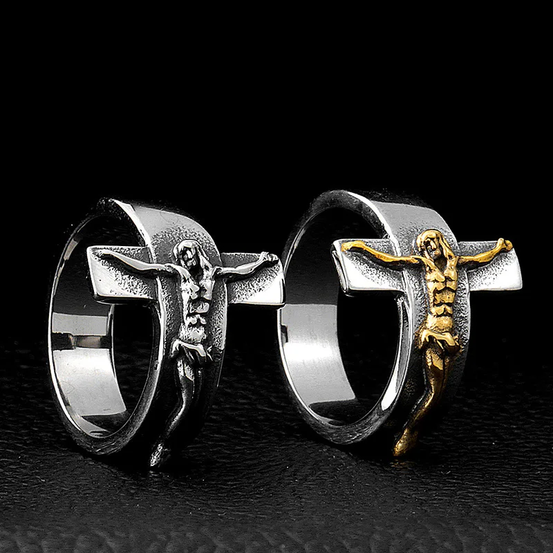 INRI Crucifix JESUS Cross Ring Gold Color Titanium Stainless Steel Christian Men Prayer Rings Vintage Punk Jewelry Size 7-13