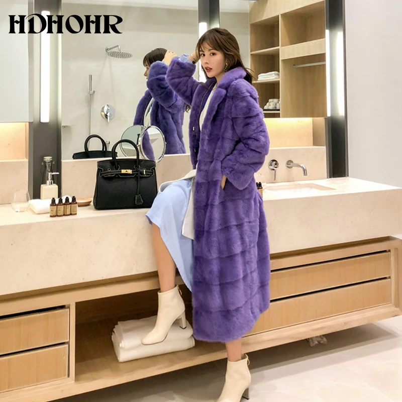 HDHOHR 2024 Real Whole Mink Fur X-Long Coat Factory Direct Sale Winter Slim Warm Female Mink Fur Long Turn-down Collar Jacket