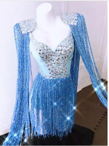 Sexy Blue Tassel Sexy Rhinestone Outfit Epaulet Fringes Design Party Dress Dj Female Singer Nightclub Bodysuit Costume