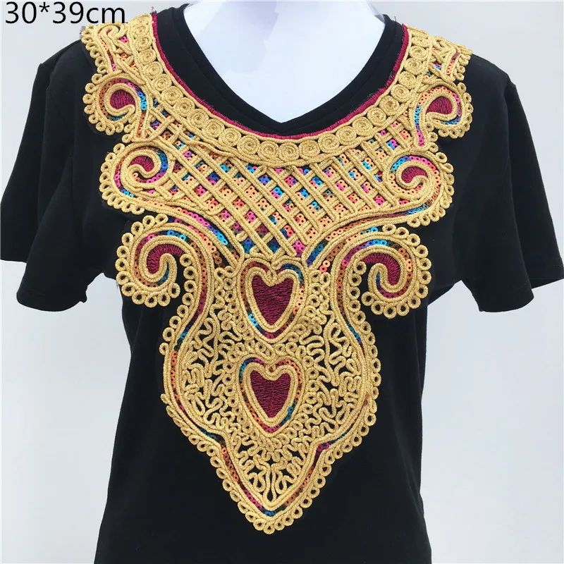 1pc Gold Embroidery Ethnic Style Collar Venise Sequin Floral Embroidered Applique Lace Neckline Collar Garment Accessories