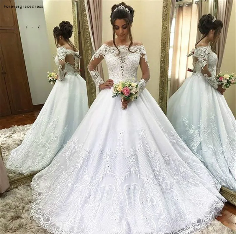 Bianco A Maniche Lunghe Abiti Da Sposa 2019 UNA Linea di Off Spalla Appliques Paese Giardino Formale Della Sposa Abiti Da Sposa Custom Made