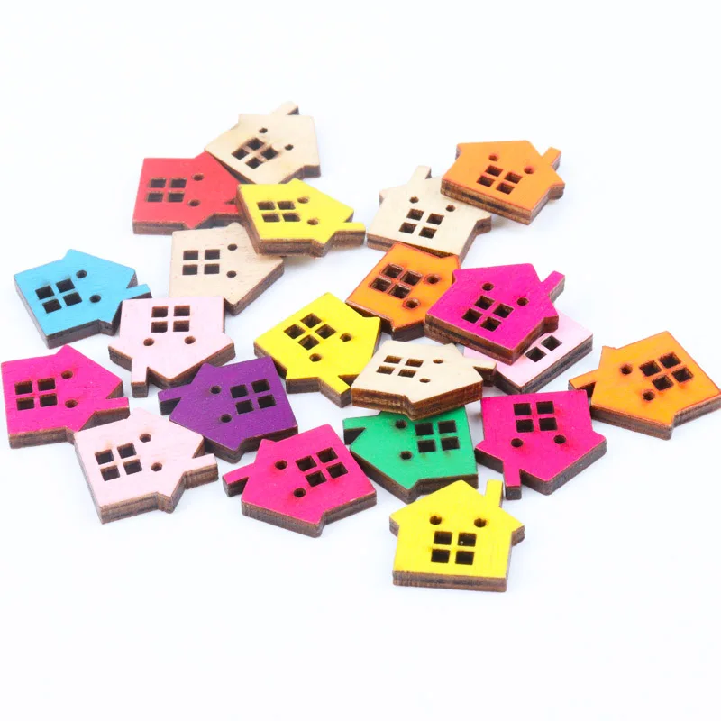 Natural Wooden House Shape Scrapbooking Button Handmade Accessory Home Decoration Craft DIY Botones 20pcs 22x23mm T0074-FD