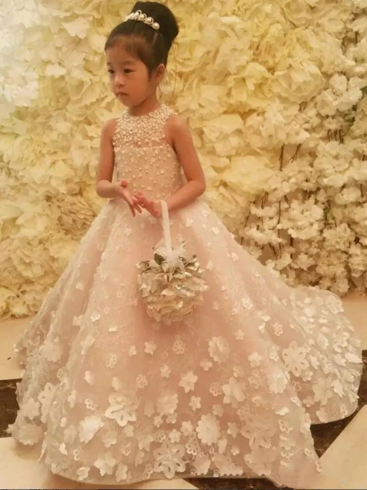 Vestidos de flores hechos a mano para niñas, bonito vestido de princesa con lazo y cinturón, longitud hasta el suelo, vestido de dama de honor, vestido de baile para desfile