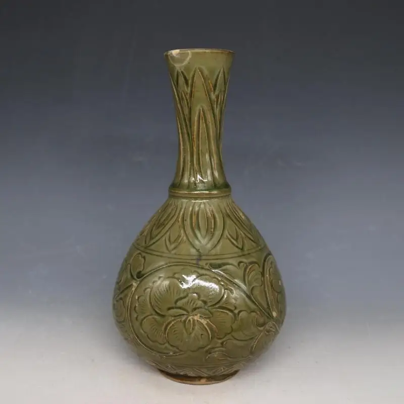 4 Antique SongDynasty porcelain vase,Yue Kiln green glaze petal peony bottle,hand painted crafts,Decoration,Collection&Adornment