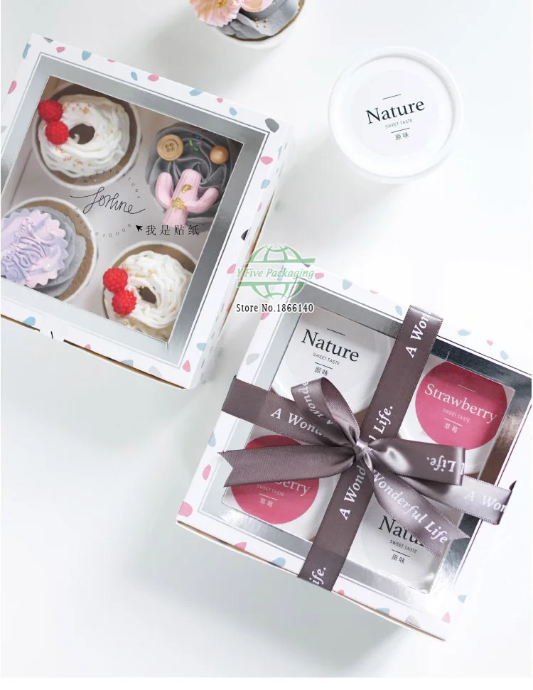 16*16*7.5cm 4 Cupcake boxes paper box with transparent window Ice cream cupboxes Pudding  Muffin packing box 50pcs/lot