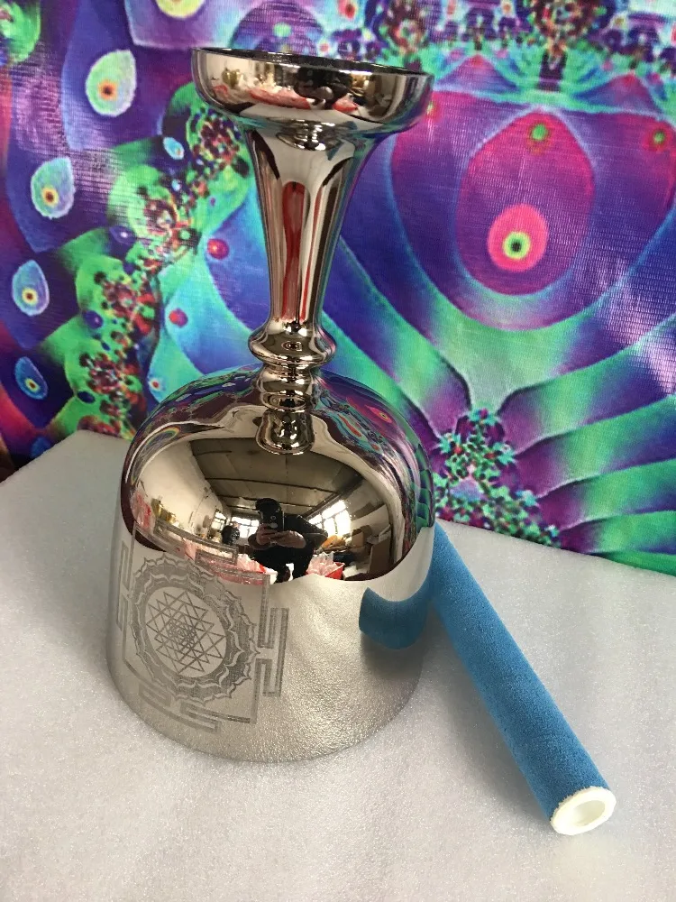 

platinum crystal singing bowl with Sri Yantra as chalice shape with perfect F or F# note heart chakras F or Thymus chakras F#