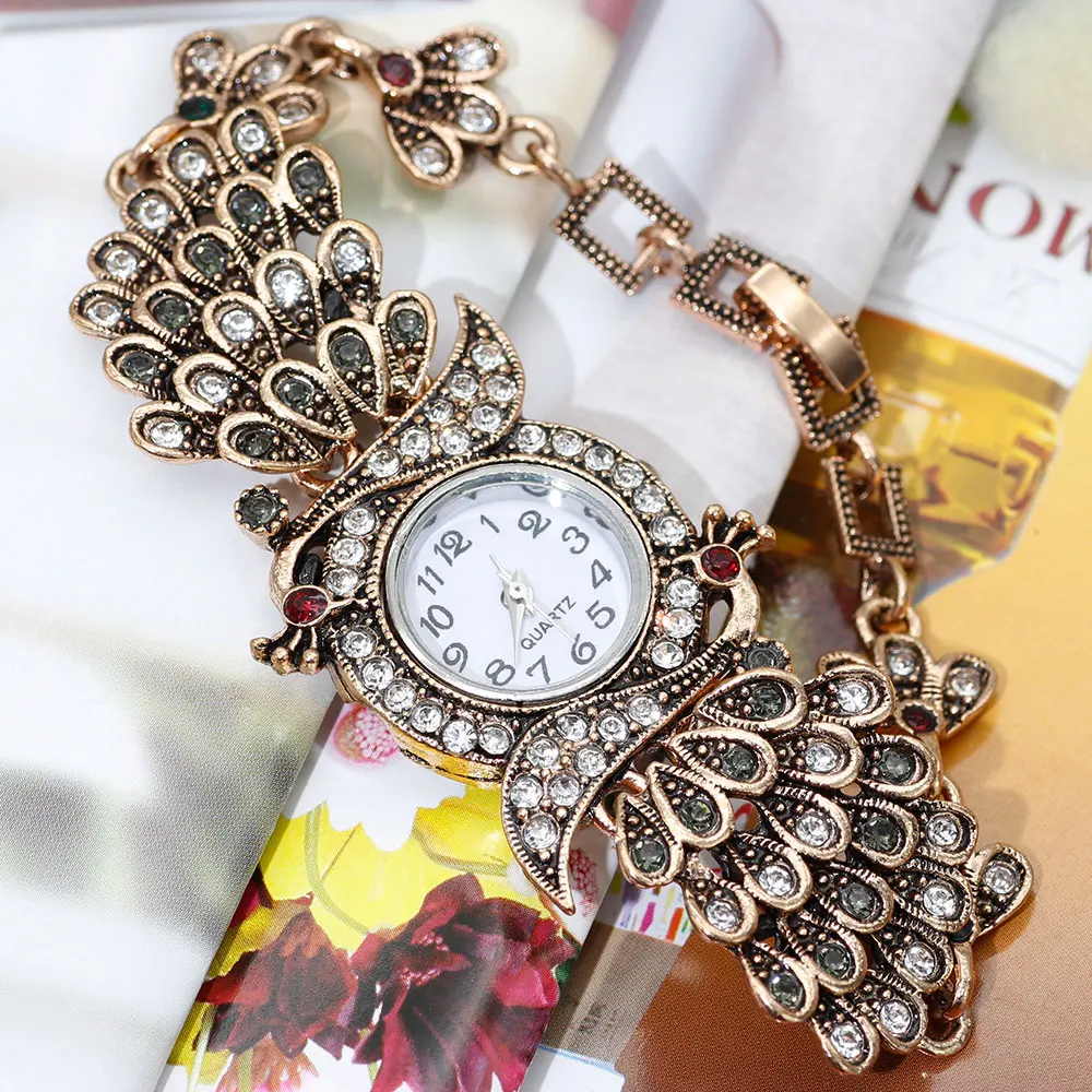 SUNSPICE MS Ethnic Indian Peacock Charm Bracelet Wrist Watch For Women Antique Gold Color Ladies Party Cuff Jewelry Wholesale