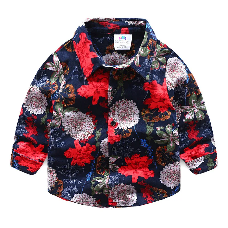 

2-11 12 Years Kids Baby Big Flower Print Shirt 2023 Autumn Spring Fashion Cotton Turn Down Collar Boys Floral Long Sleeve Shirt