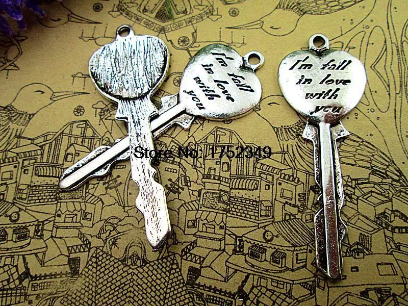 

8pcs--Key charms,Antique silver " I'm fall in love with you " Heart Shape Key Charm Pendants 21x57mm
