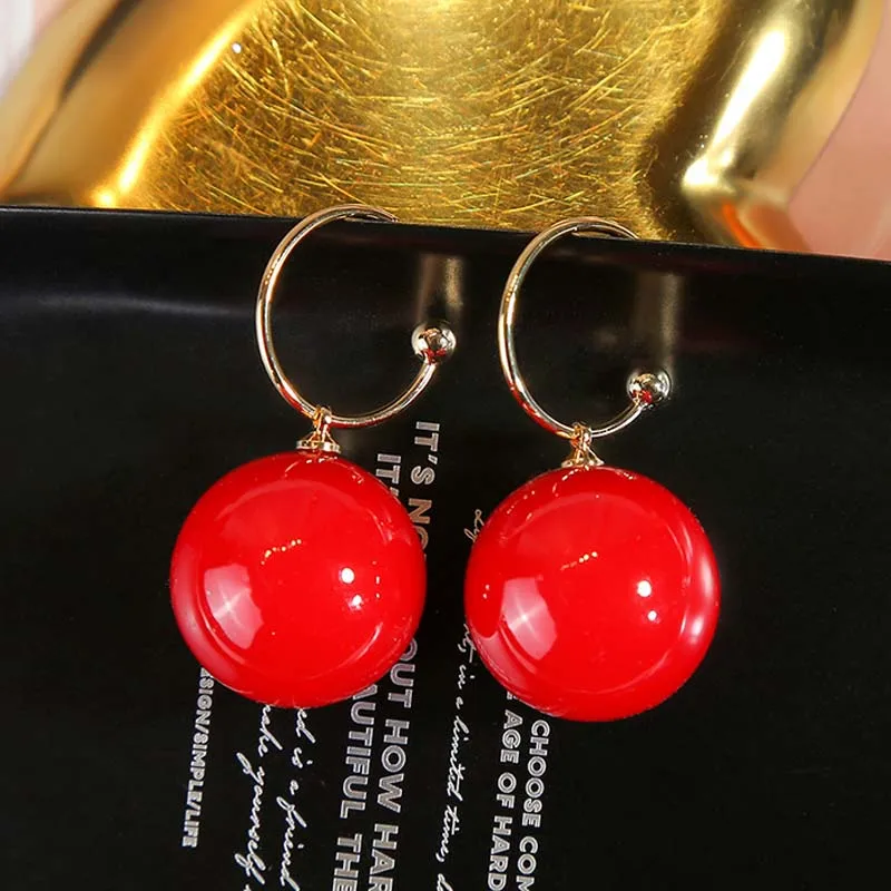 Silver Needle Hoop Earrings for Women Jewelry Gold Red Pearl Wedding Party Female Round Ball Earrings