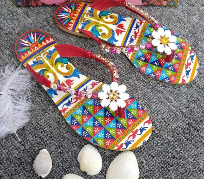 

Carpaton Bohemian Style Flat Slippers Summer Sequins Beaded Printed Woman Shoes National Colors flip flops Sandals