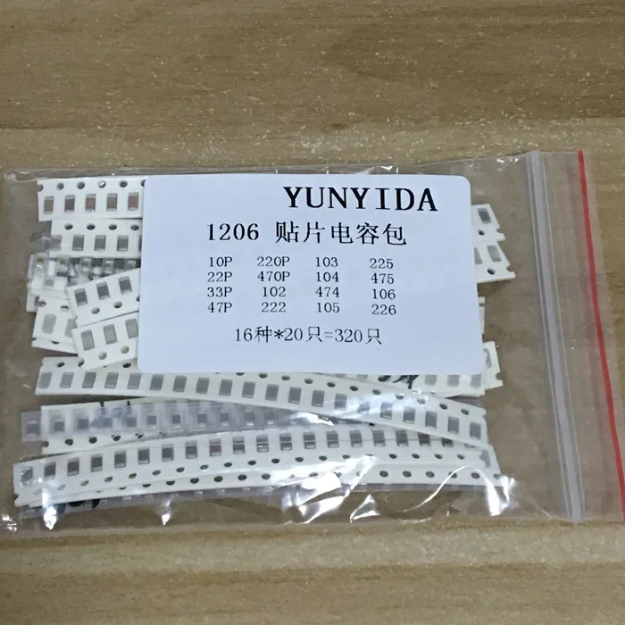 1206 SMD Capacitor assorted kit ,16values*20pcs=320pcs 10PF-22UF Samples kit