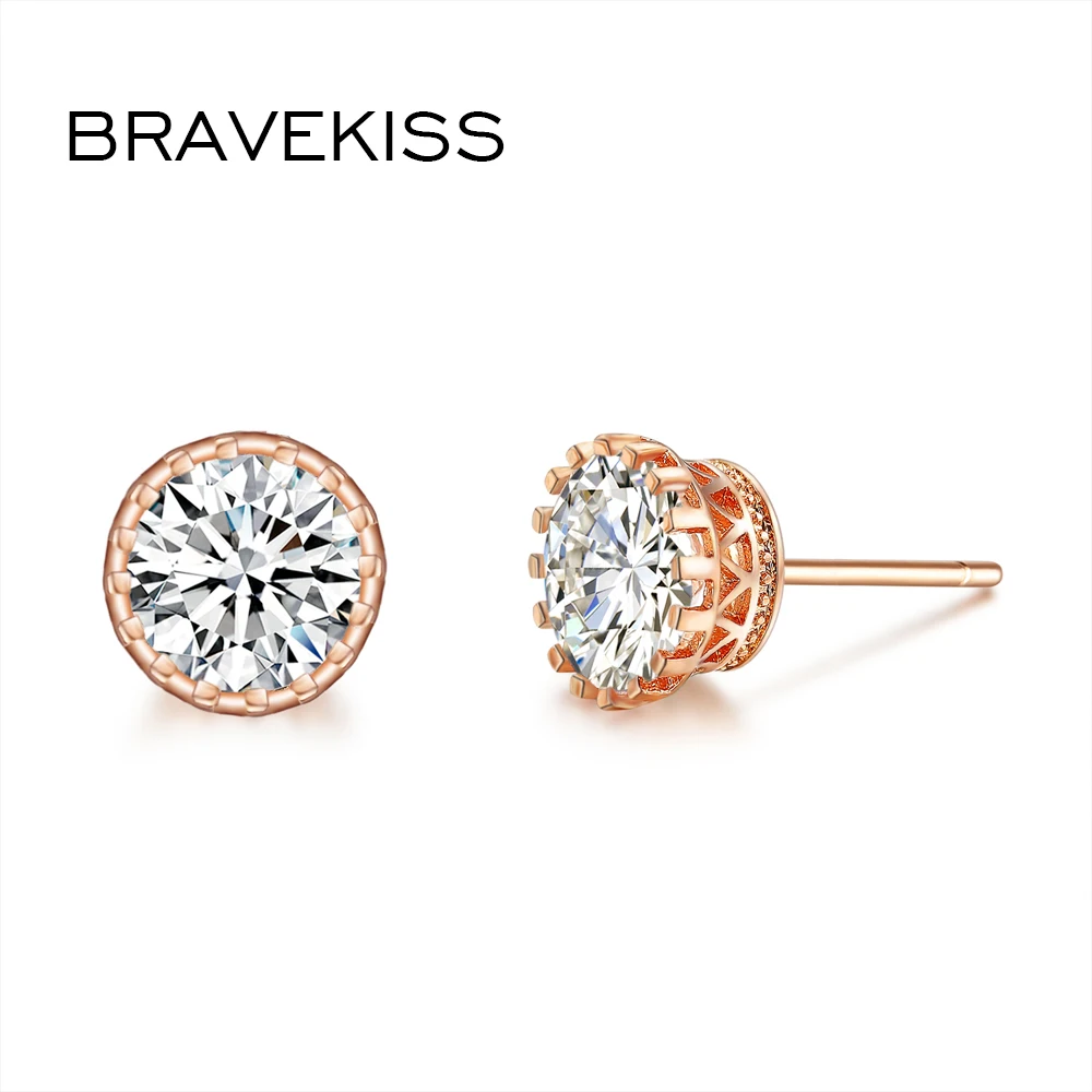 BRAVEKISS Round Circle Stud Earrings Pave Zircono Rose Gold Color Piercing Women's Earrings Ladies  Fashion Jewellery BUE0013A