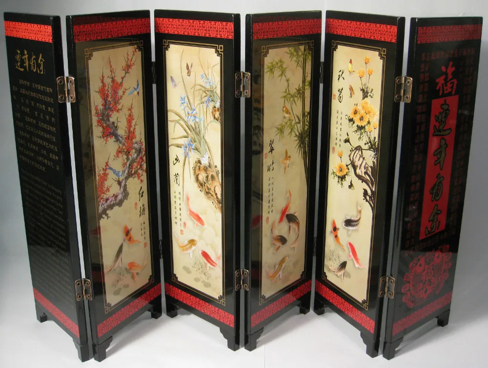 Desk decorative chinese fish and lotus 6 panel folding screen