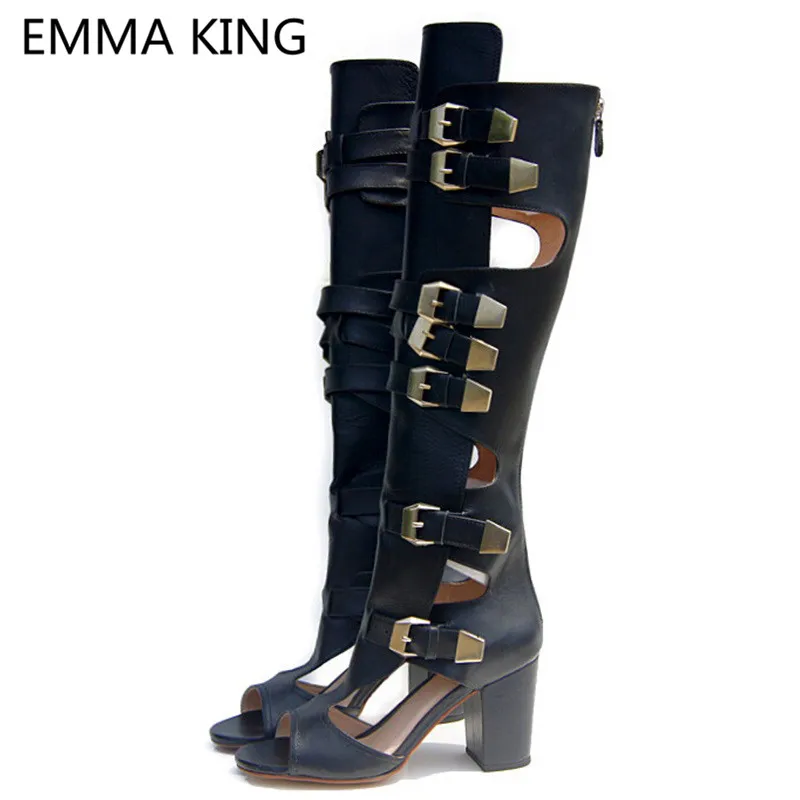 2022 New Sexy Summer Chunky Knee High Motorcycle Boots Women Peep Toe Cut-Out High Heels Black Ladies Gladiator Sandals Boots