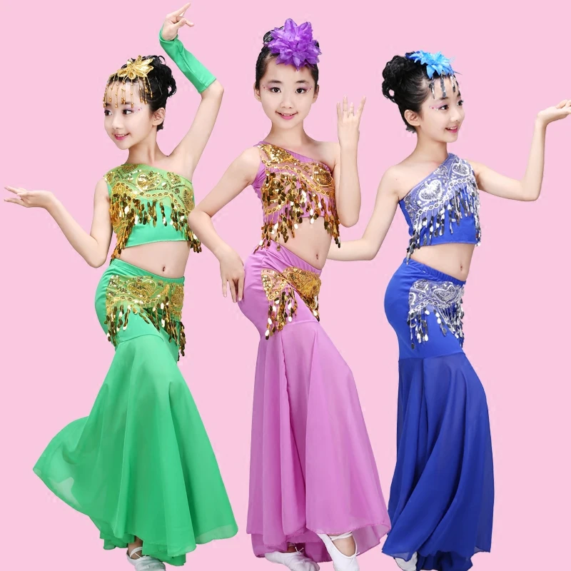 Ropa de danza folclórica china para niños, trajes de danza del vientre de pavo real para niñas, traje tradicional de cola de pez