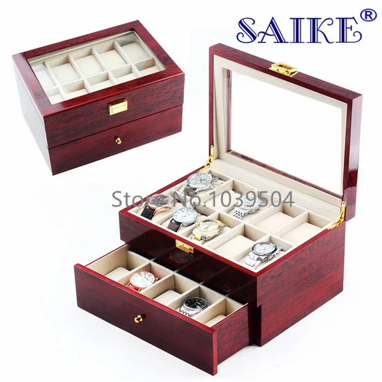 

Free shipping 20 Slots Watch Display Box Red MDF Brand Watches Box Case Fashion 20 Grids Two Layers Watch Storage Gift Box M064