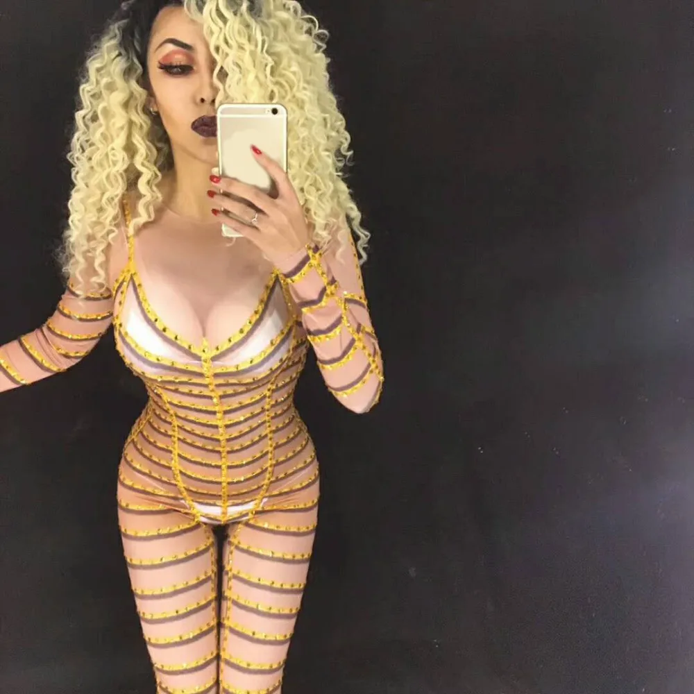 

Women Gold Black Rhinestones Stripe Jumpsuit Sexy Bodysuit Singer Dancer DJ Costume Nightclub Outfit Party Clothing Stage Wear