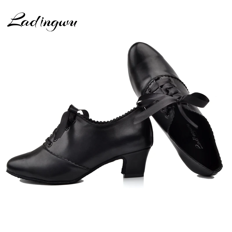 Ladingwu Black Latin Women Dance Shoes Microfiber Synthetic Leather Woman Closed Toe Ballroom Teacher Dance Shoes Heel 5/6/7cm