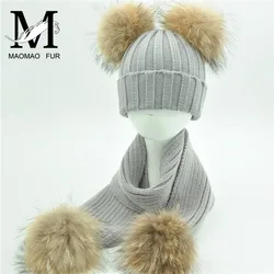 Kids Fur Scarf and Hat Set Winter Warm Thick Stretchy Knitted Beanie Boys Girls Real Double Fur Pom Pom Hat and Scarf Set