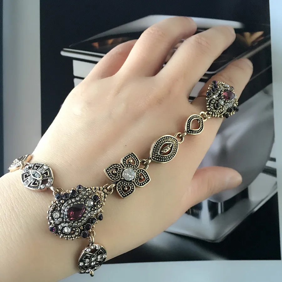 2018 Ethnic Purple Stone Crystal Finger Ring Bracelet Indian Jewelry Antique Gold Bracelets For Women Vintage Accessories