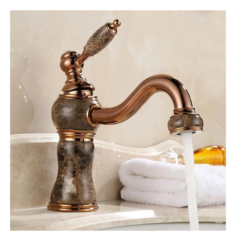 Wash-basin Faucets Brown/Gold Brass 360 Rotate Waterfall With Jade Bathroom Tap Crane Sink Cold Hot Water Mixing Taps Torneiras