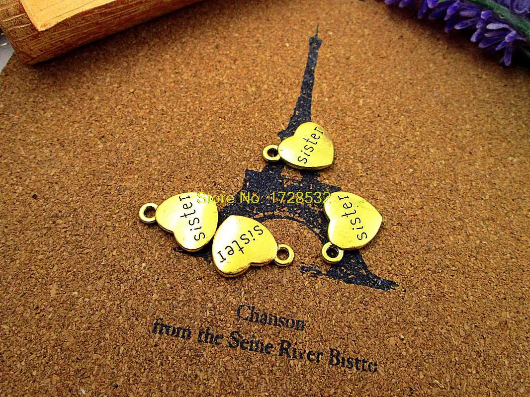 15pcs-Sister Charms, Antique Gold 2 sided Sister Heart Charm Pendants 18x15mm