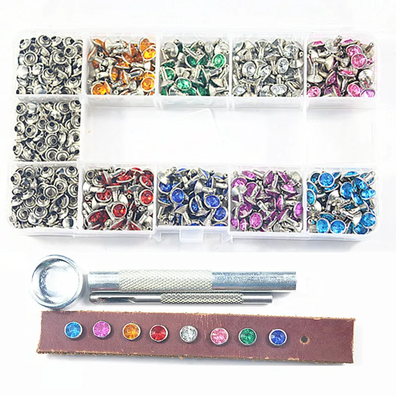 400pcs 8colors Double Cap Punk Diamond Spikes Rivet/Rhinestone Studs Decor Rivets for Leather/Belt/Handbag/Jeans DIY+Fixing Tool