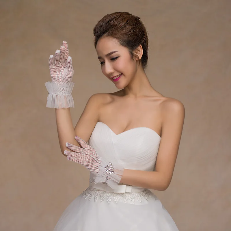 JaneVini – gants de mariée en dentelle blanche de haute qualité, gants courts pour femmes, doigt complet, cristal pour mariage, longueur de poignet,