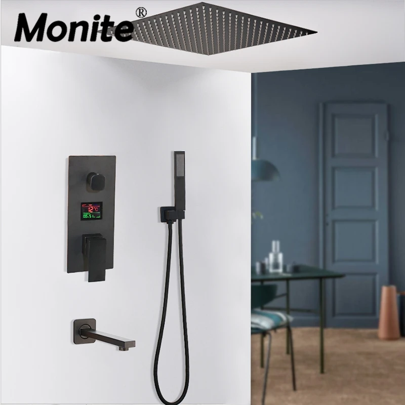 

Monite Temperature Display Matte Black 8 10 12 inch Wall Mounted Bathroom Rainfall Faucet Sets ORB Shower Head Hand Set