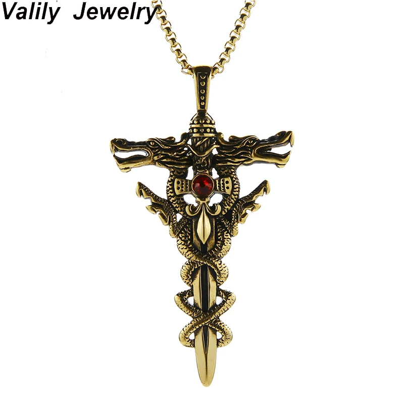 Valily Men's Punk Double Dragon Pendant Necklace Stainless steel Hiphop Biker Sword Cross Necklace Gold Jewelry for Men 24