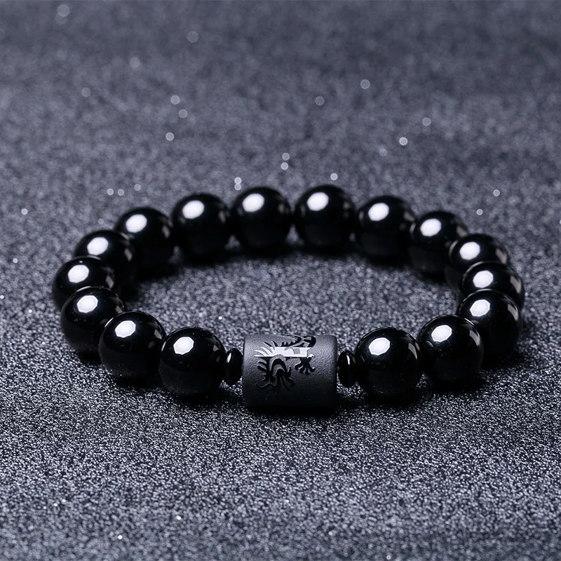 10mm 12mm Black Obsidian Beads Transfer Lucky Buddha Bracelet For Couple Amulet Strand Bracelet Jewelry