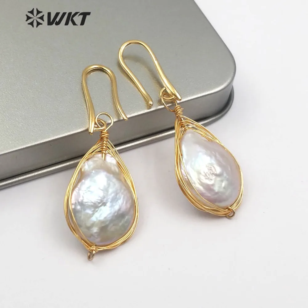 

WT-E483 Unique Design Natural Freshwater Fine Pearl Hook Earring Teardrop Shape With Wire Warrped Women Dainty Jewelry