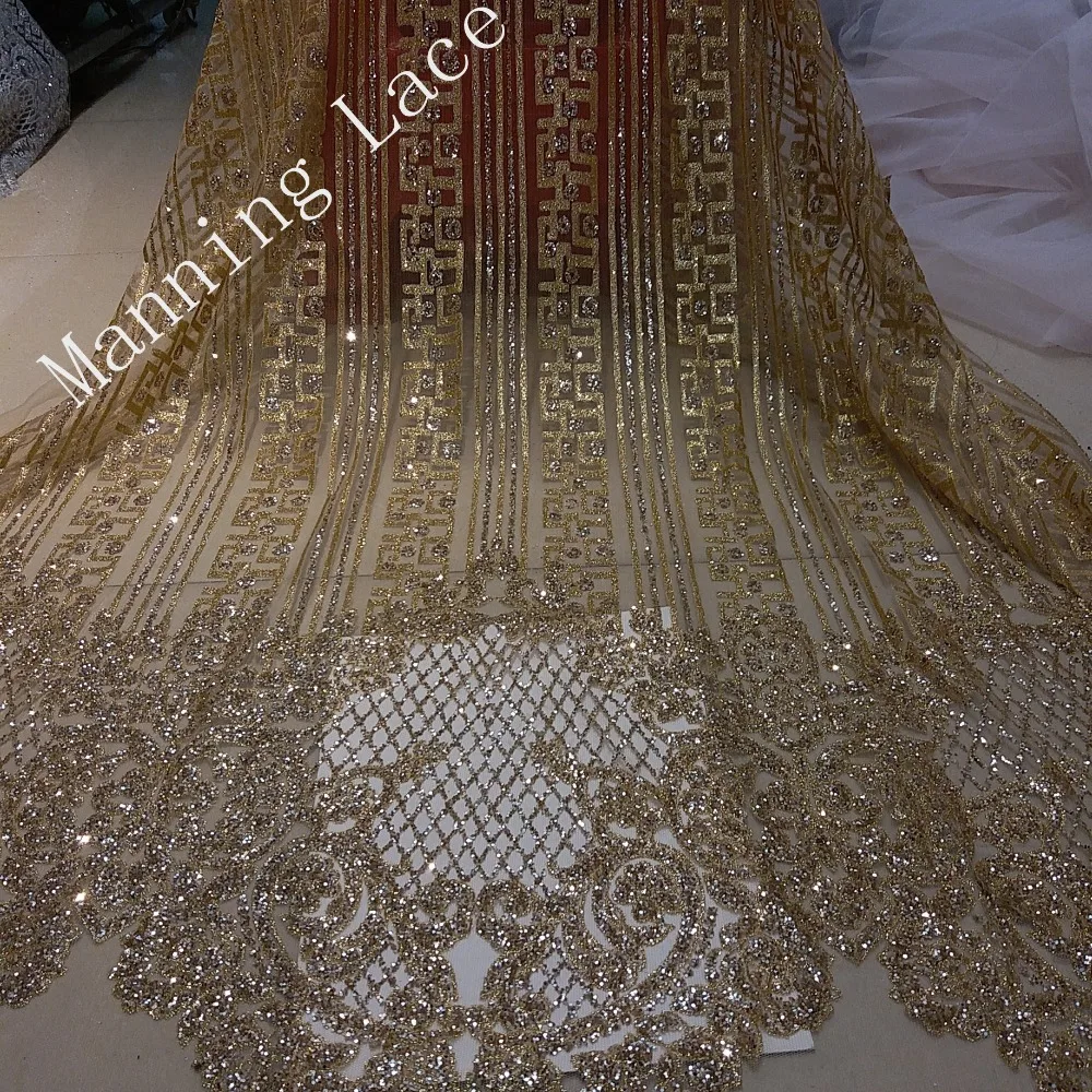 

shinning H-80201 glued glitter African French tulle lace fabric with pretty flowers for sexy dress in gold color