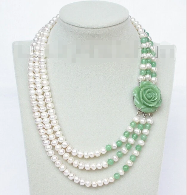 

FREE shipping 17"-20" 8mm 3row round white freshwater pearls green necklace