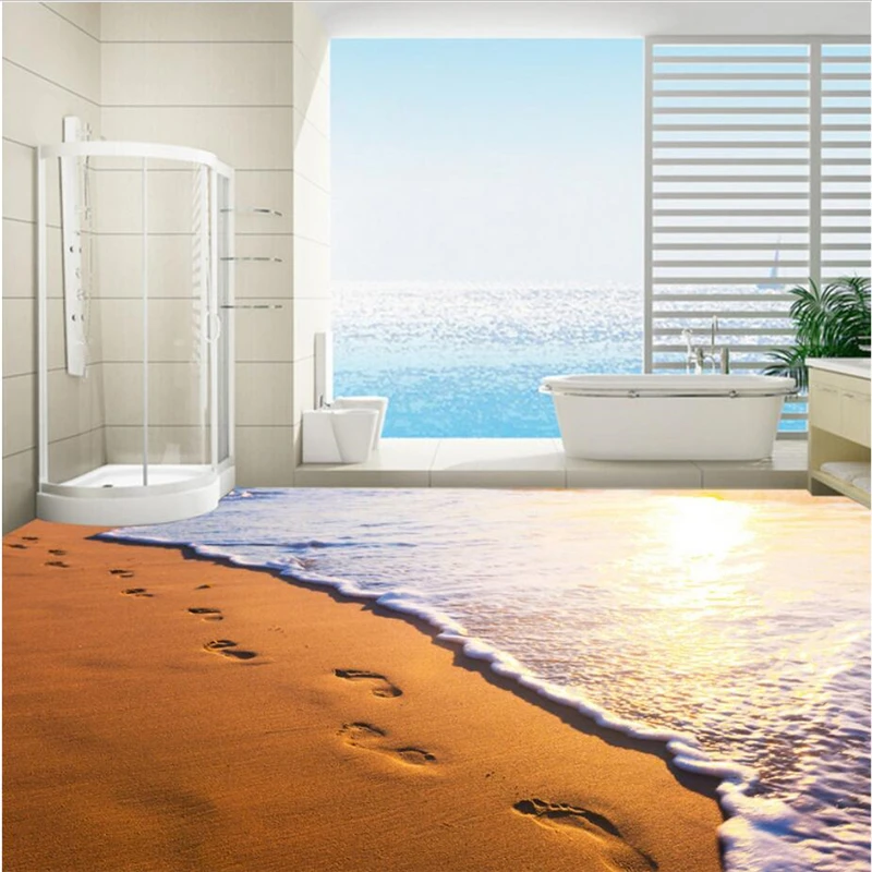 Customized Dusk Beach Footprints Bathroom 3D Stereo Waterproof Anti-slip Self-adhesive Decorative 3d Flooring Stickers wallpaper